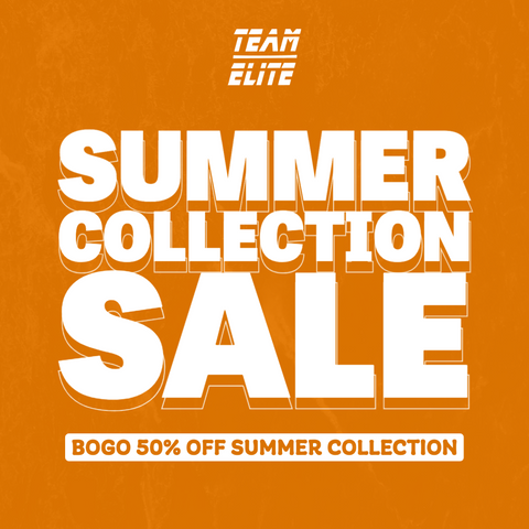 Team Elite Summer Collection Sale Graphic.  White text on orange background. Buy One Get One 50% Off In The Summer Collection